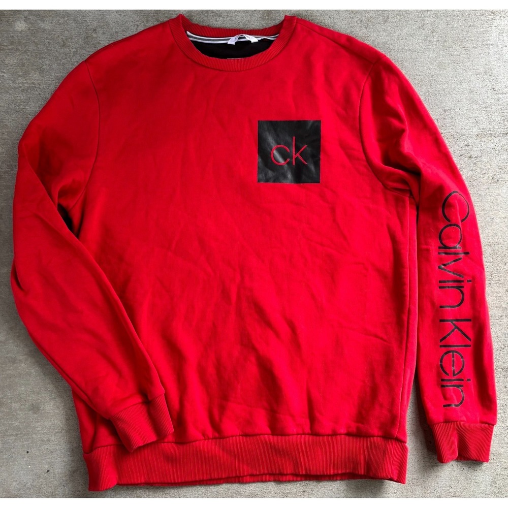 Calvin Klein Mens Sweatshirt Red Soft Touch Fleece Graphic Crew Neck Pullover L